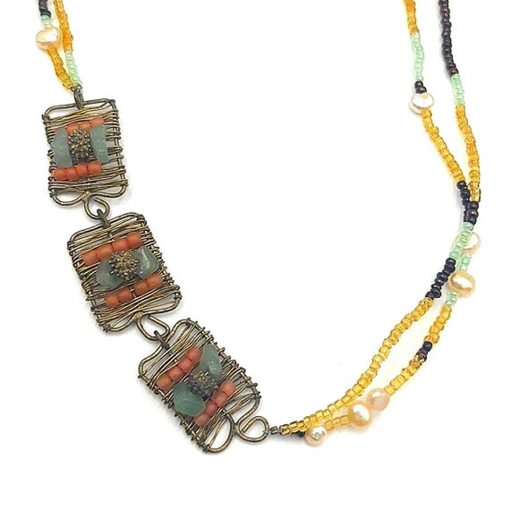 Boho Natural Pearls,  Glass Beads & Wire Wrapped Accent Necklace - Picture 2 of 8